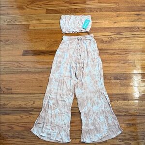 Tiare Hawaii Beige and White Tie-Dye Wide Leg Pants with Smocked Bandeau